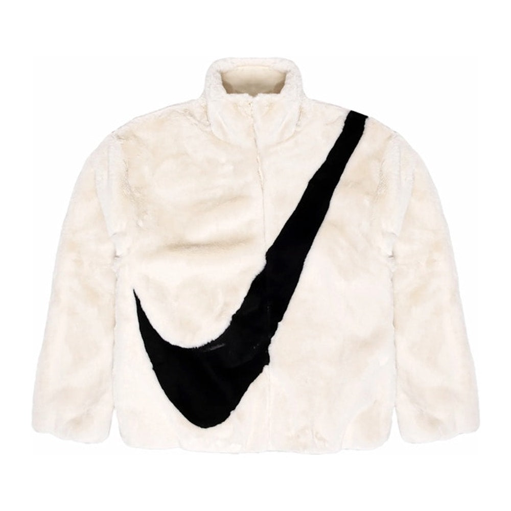 Nike Sportswear Women's Oversized Swoosh Logo Faux Fur Jacket Fossil/Black