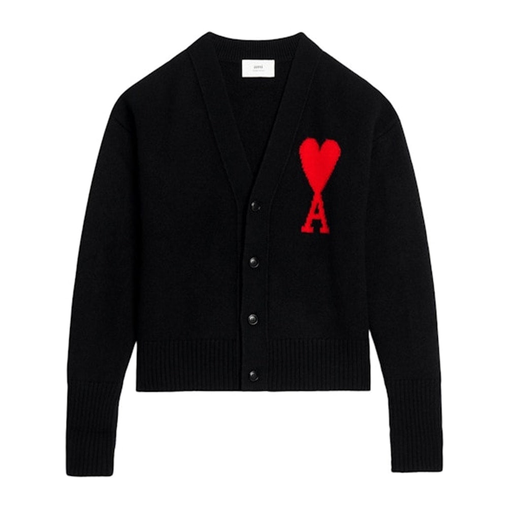 Ami Paris Ami De Coeur Felted Merino Wool Cardigan Black/Red – černá